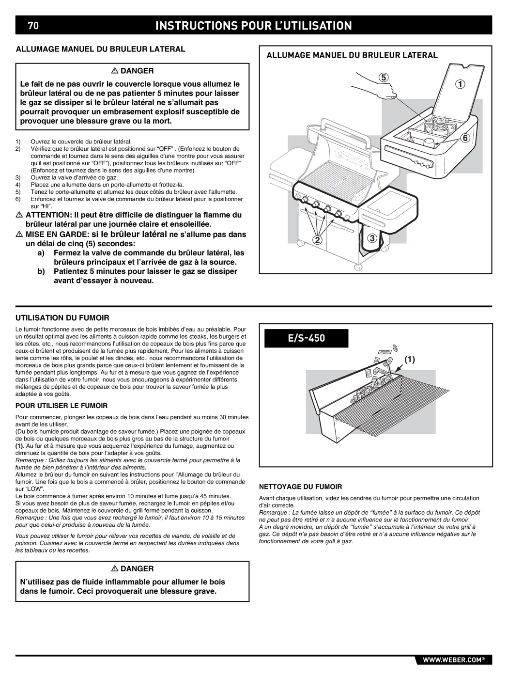 Weber E/S-450 Allumage Manuel DU Bruleur Lateral, Utilisation DU Fumoir, Pour Utiliser LE Fumoir, Nettoyage DU Fumoir 