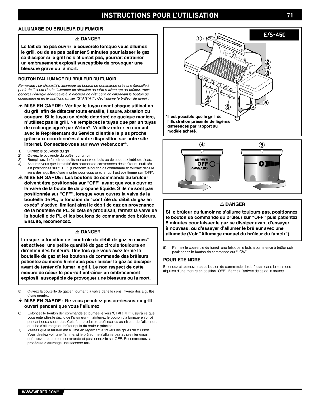 Weber E/S-450 manual Allumage DU Bruleur DU Fumoir, Bouton D’ALLUMAGE DU Bruleur DU Fumoir 