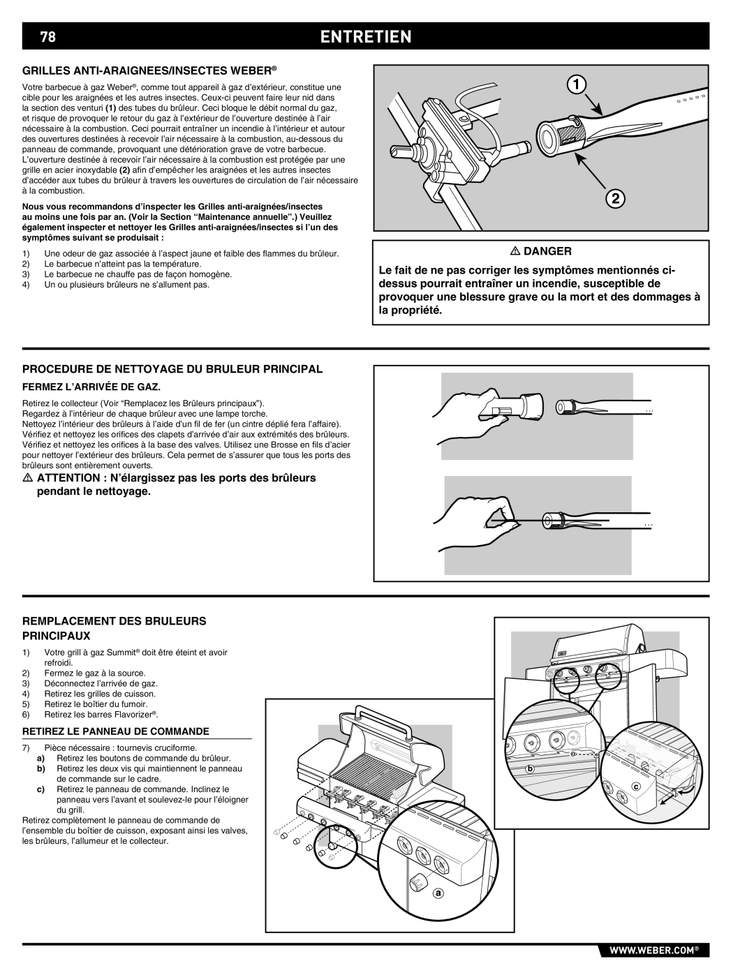 Weber E/S-450 manual 78ENTRETIEN, Grilles ANTI-ARAIGNEES/INSECTES Weber, Procedure DE Nettoyage DU Bruleur Principal 