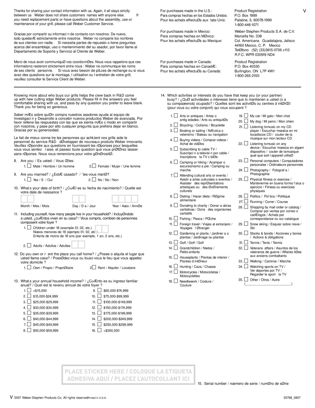 Weber E/S-450 manual For purchases made in the U.S, Pour les achats effectués aux États-Unis, For purchases made in Mexico 