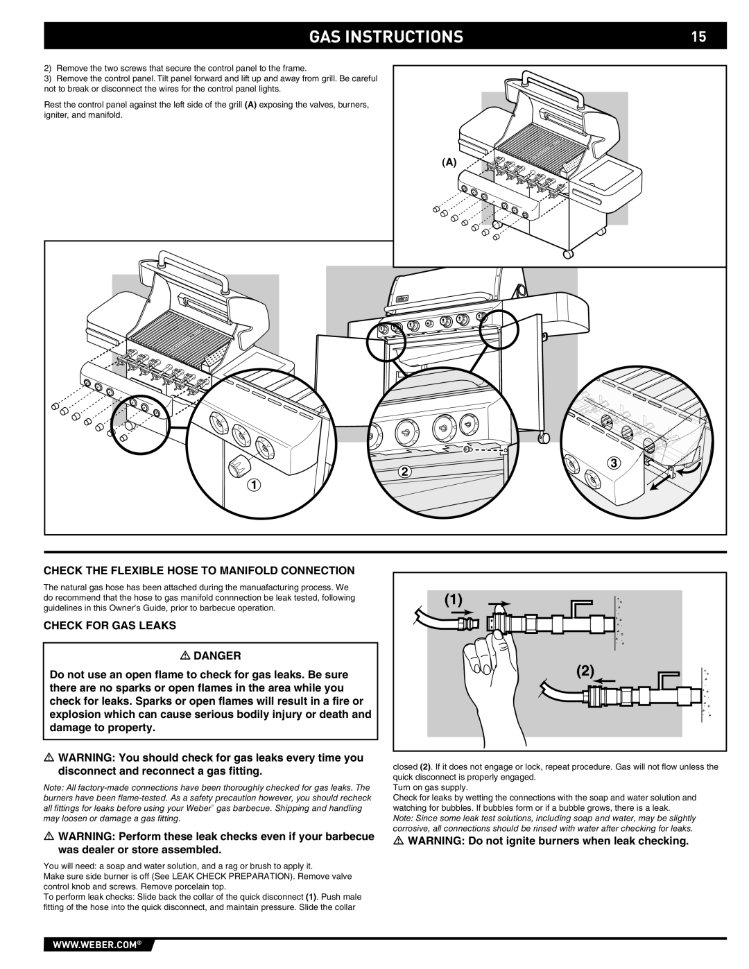 Weber E/S 470 manual Check the Flexible Hose to Manifold Connection, Check for GAS Leaks 