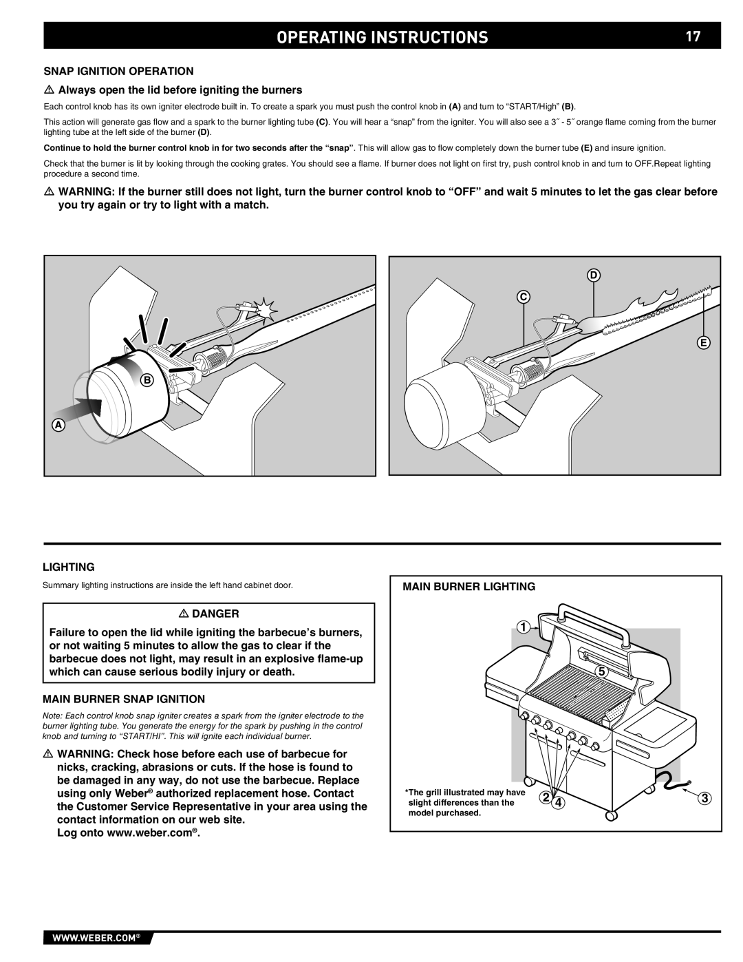 Weber E/S 470 manual Operating Instructions, Snap Ignition Operation, Main Burner Snap Ignition Main Burner Lighting 