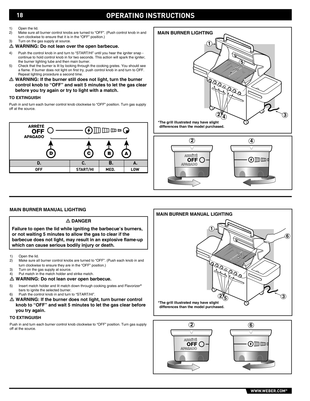 Weber E/S 470 manual Main Burner Manual Lighting, To Extinguish, Arrêté, Apagado 