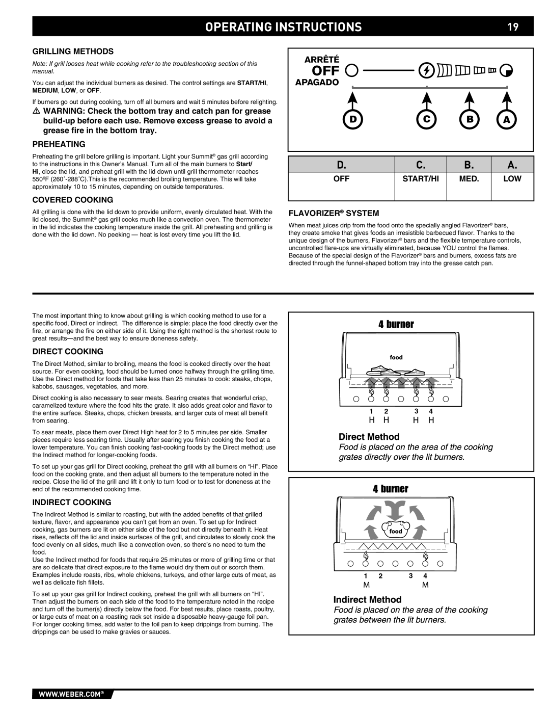 Weber E/S 470 manual Preheating, Covered Cooking, Off Start/Hi Med, Flavorizer System, Direct Cooking, Indirect Cooking 