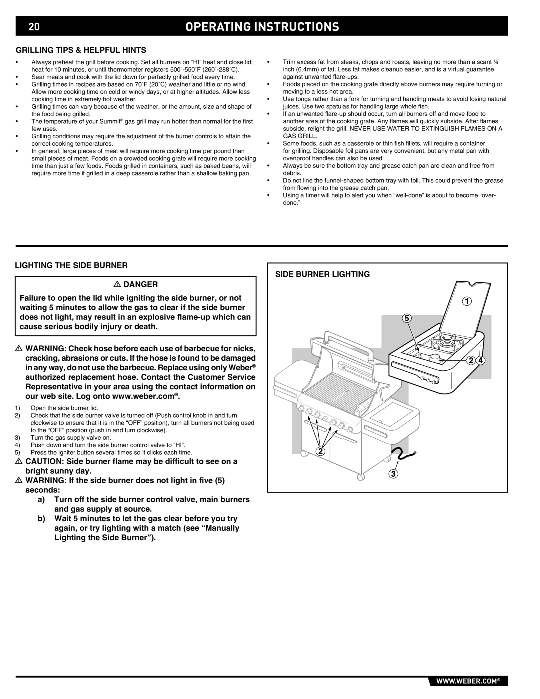 Weber E/S 470 manual Grilling Tips & Helpful Hints, Lighting the Side Burner, Side Burner Lighting 