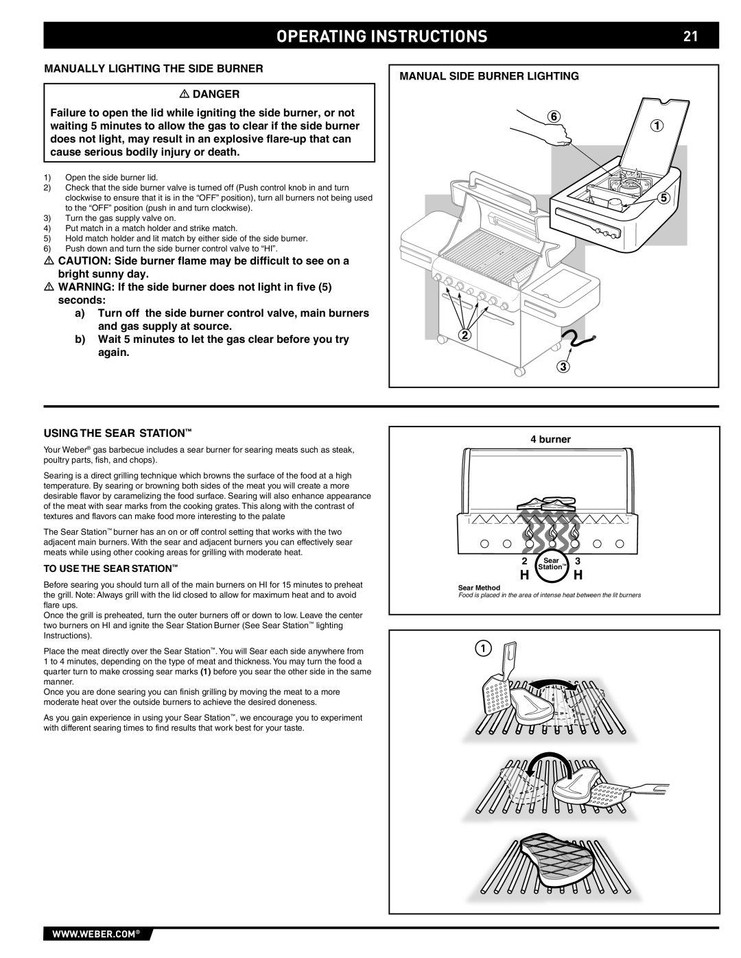 Weber E/S 470 manual Manually Lighting the Side Burner, Manual Side Burner Lighting, Using the Sear Station 