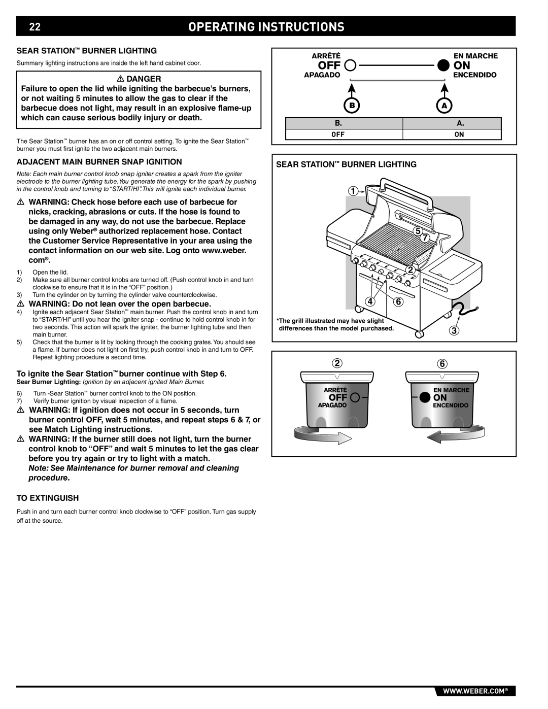 Weber E/S 470 manual Sear Station Burner Lighting, Adjacent Main Burner Snap Ignition, To Extinguish, Arrêté EN Marche 