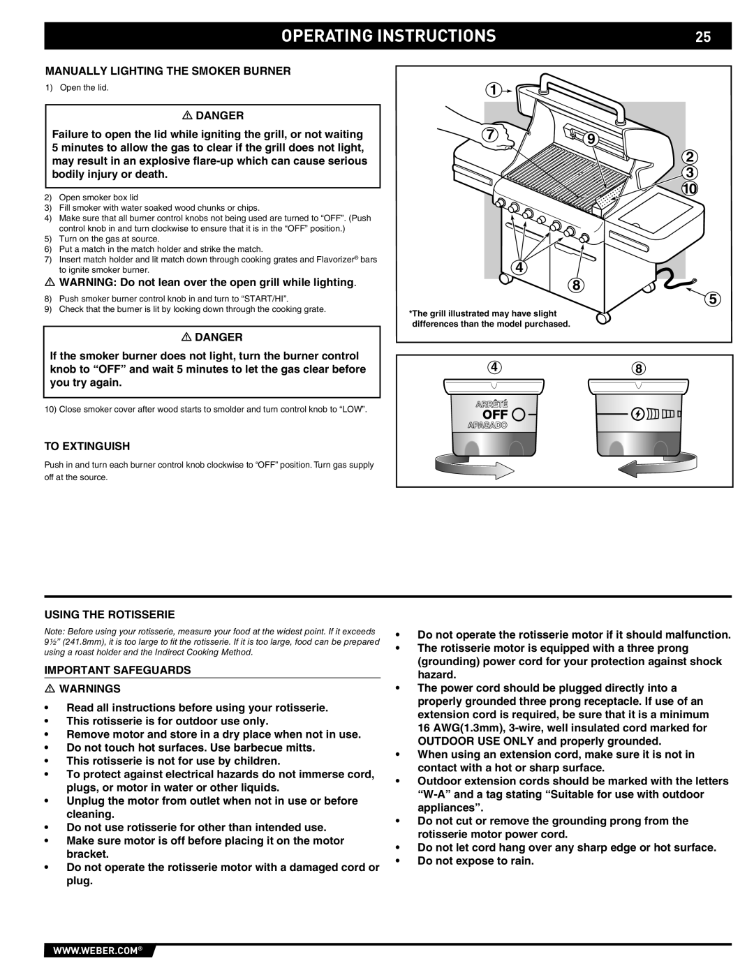 Weber E/S 470 manual Manually Lighting the Smoker Burner, Using the Rotisserie Important Safeguards 