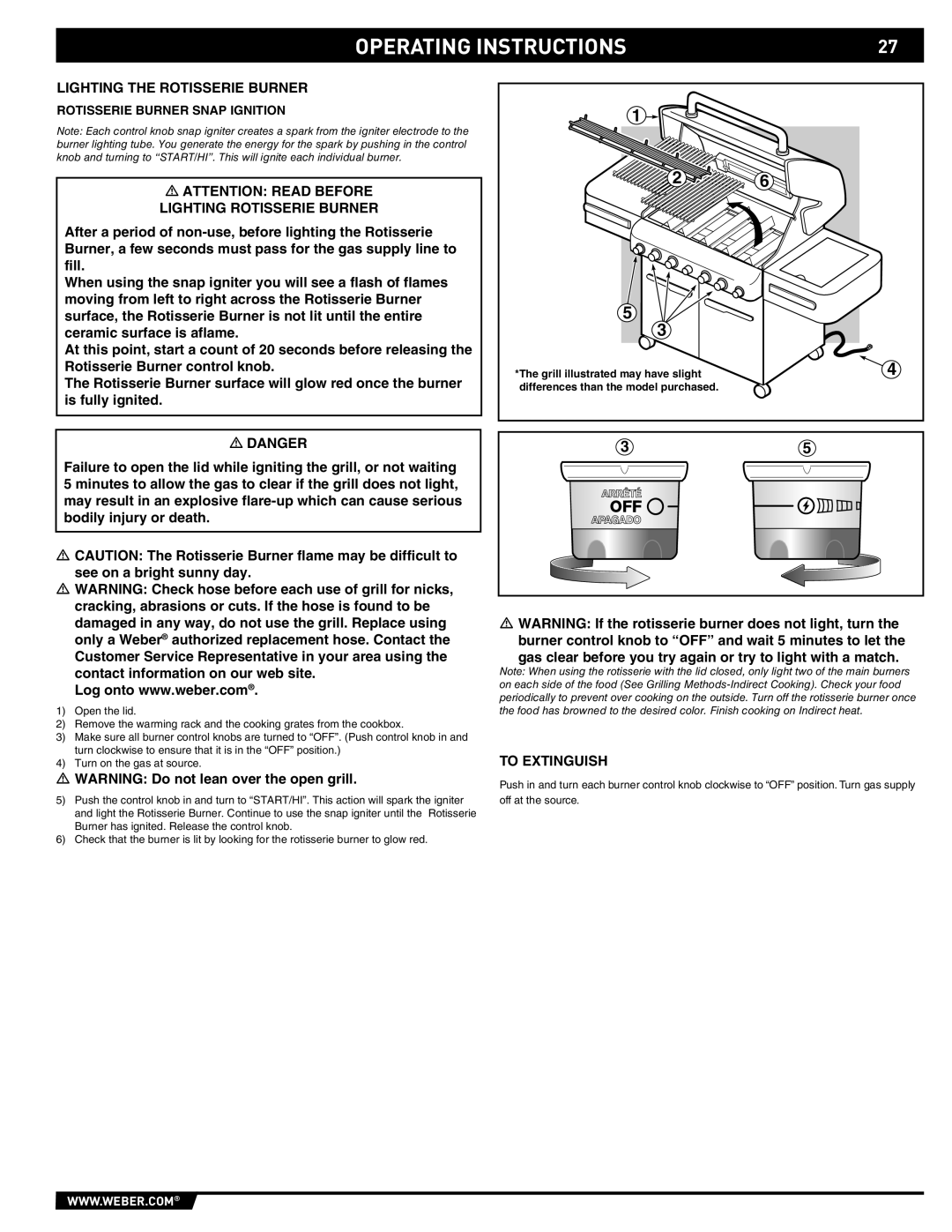 Weber E/S 470 manual Lighting the Rotisserie Burner, Lighting Rotisserie Burner, Rotisserie Burner Snap Ignition 