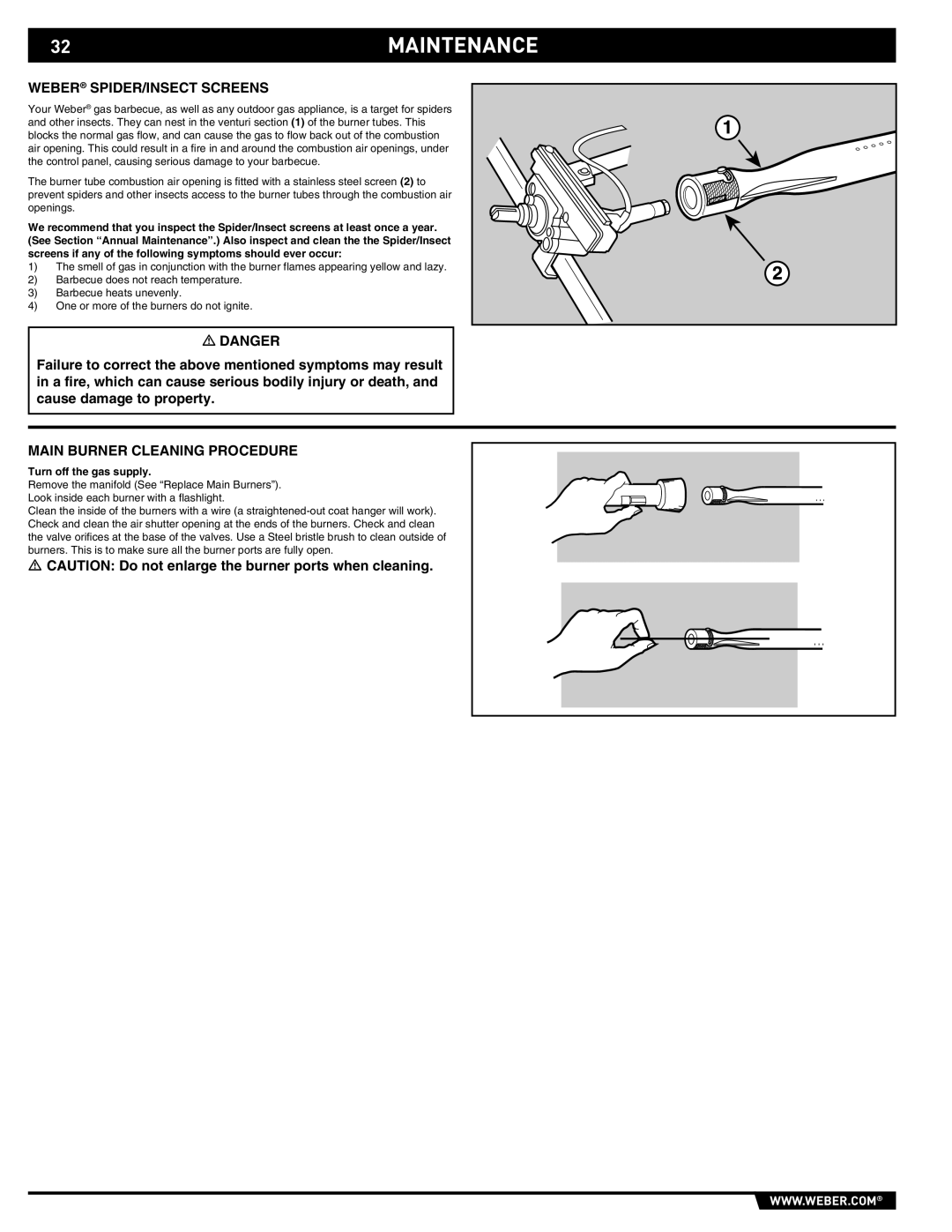 Weber E/S 470 manual 32MAINTENANCE, Weber SPIDER/INSECT Screens, Main Burner Cleaning Procedure, Turn off the gas supply 