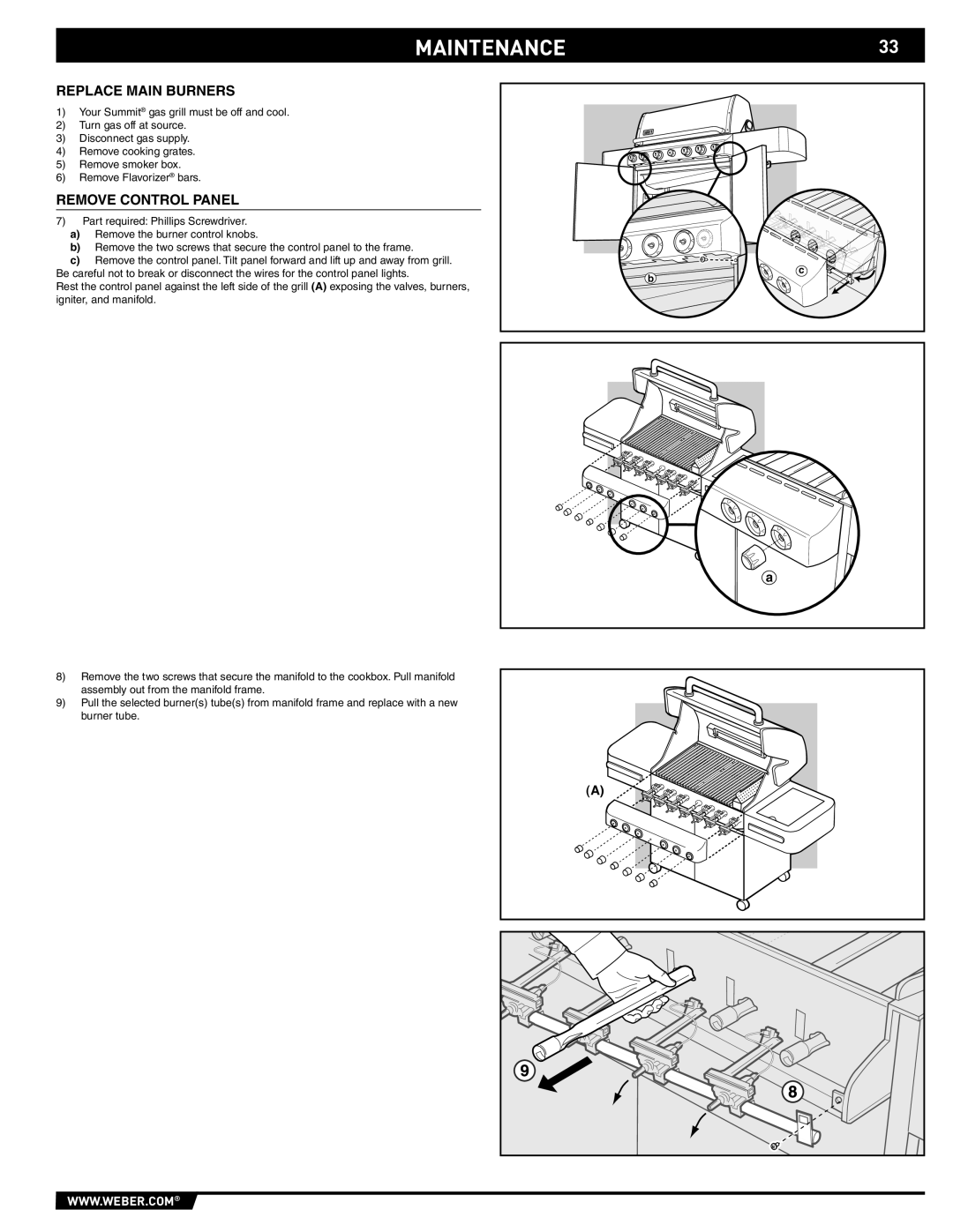 Weber E/S 470 manual MAINTENANCE33, Replace Main Burners 