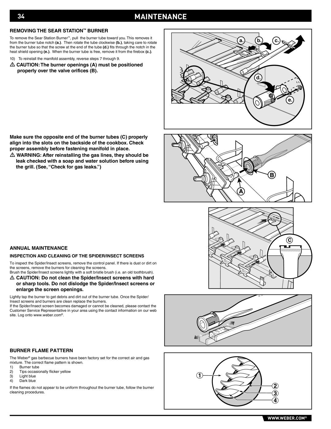 Weber E/S 470 manual 34MAINTENANCE, Removing the Sear Station Burner, Annual Maintenance, Burner Flame Pattern 