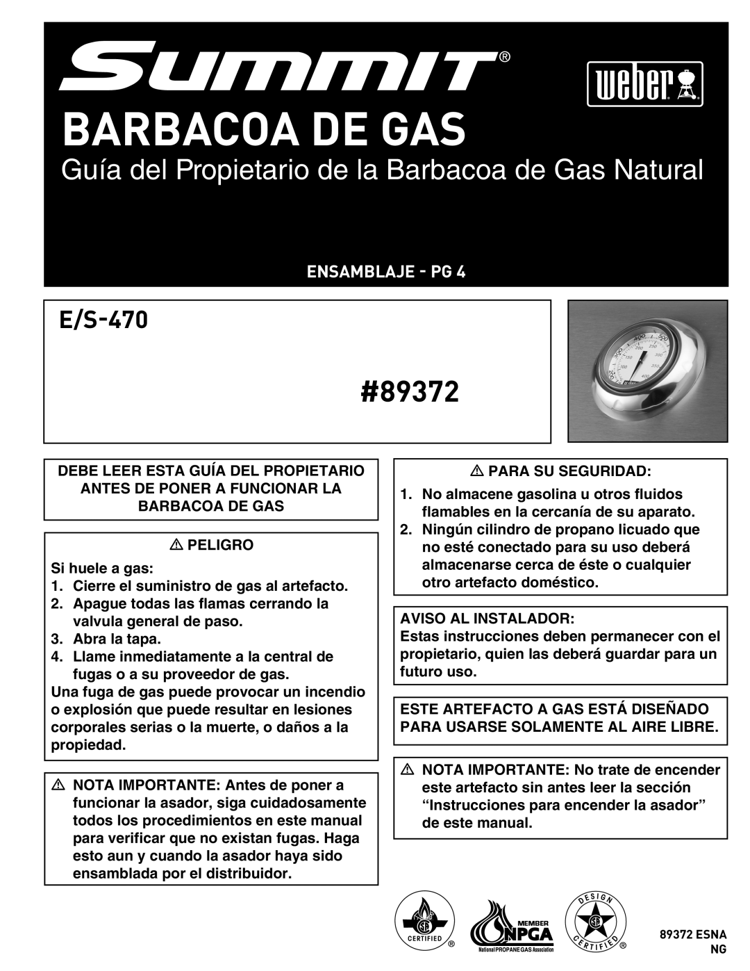 Weber E/S 470 manual Barbacoa DE GAS, Ensamblaje PG 