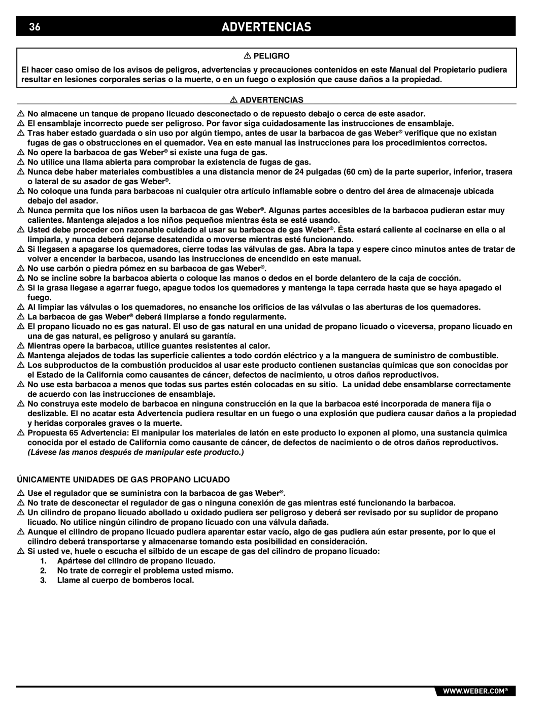 Weber E/S 470 manual 36ADVERTENCIAS, Peligro, Advertencias, Únicamente Unidades DE GAS Propano Licuado 