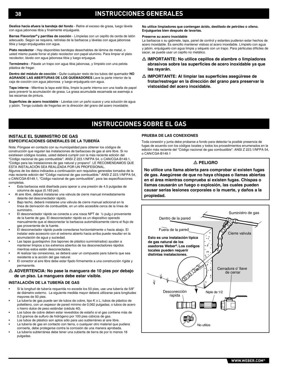 Weber E/S 470 manual Instrucciones Sobre EL GAS, Instale EL Suministro DE GAS, Especificaciones Generales DE LA Tubería 