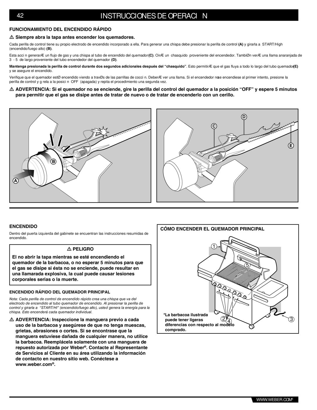 Weber E/S 470 manual Instrucciones DE Operación, Funcionamiento DEL Encendido Rápido, Cómo Encender EL Quemador Principal 