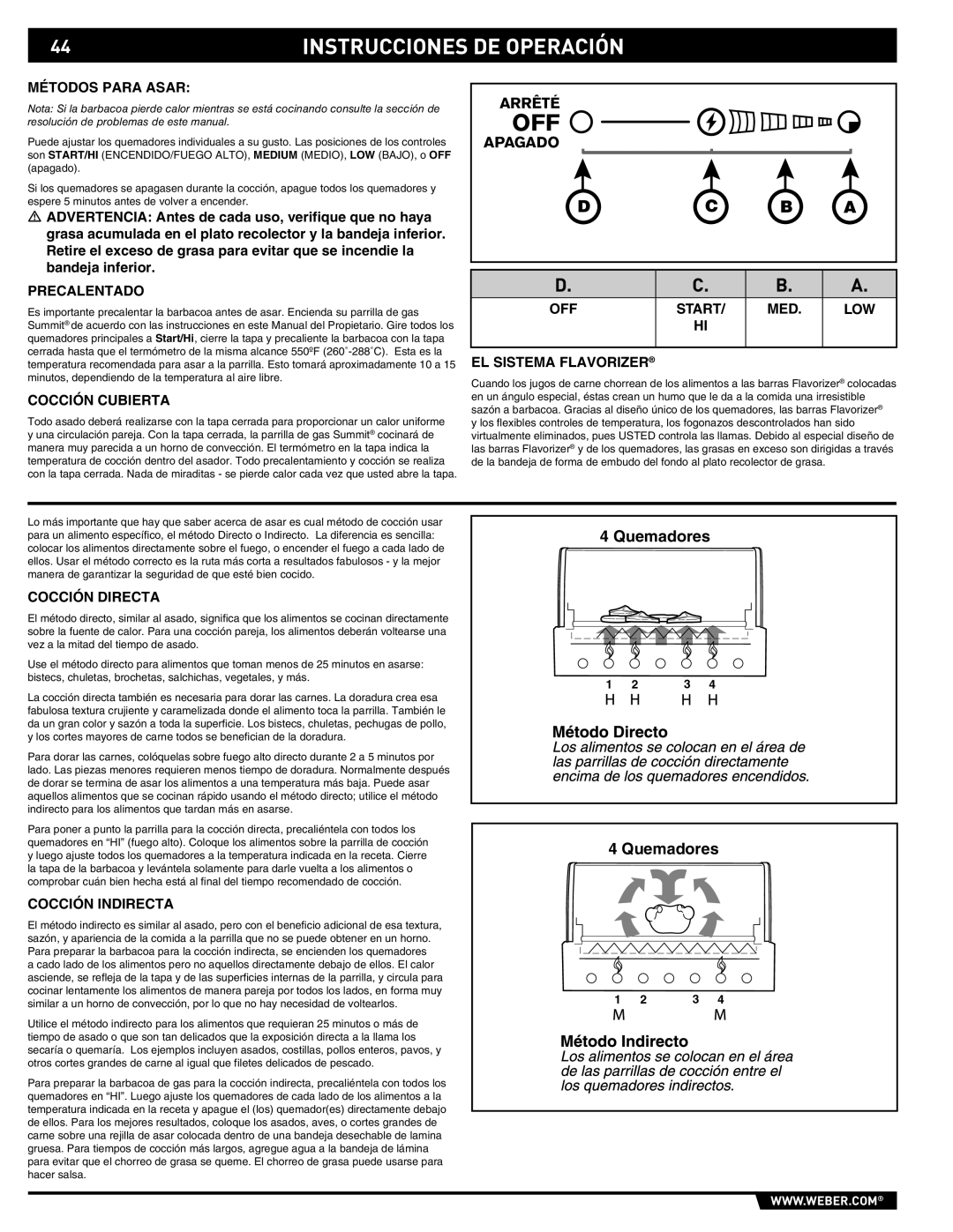 Weber E/S 470 Métodos Para Asar, Precalentado, Cocción Cubierta, OFF Start MED, EL Sistema Flavorizer, Cocción Directa 