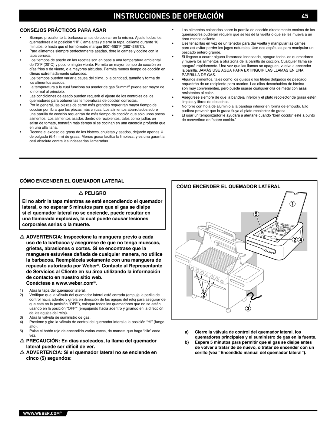 Weber E/S 470 manual Consejos Prácticos Para Asar, Cómo Encender EL Quemador Lateral Peligro 