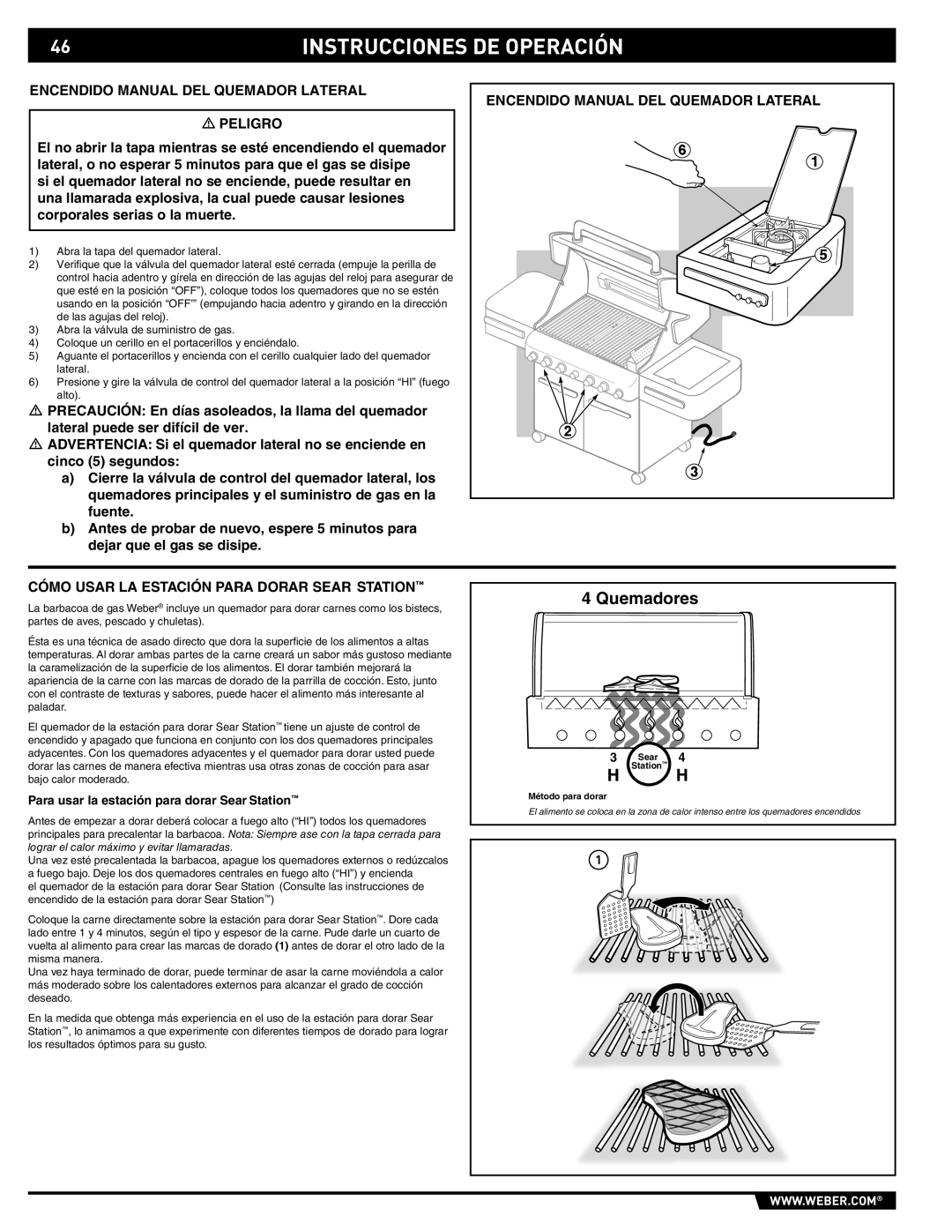 Weber E/S 470 manual Encendido Manual DEL Quemador Lateral Peligro, Cómo Usar LA Estación Para Dorar Sear Station 