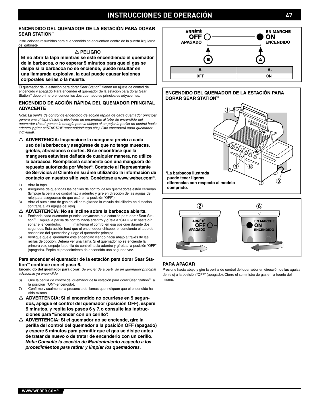 Weber E/S 470 manual Encendido DE Acción Rápida DEL Quemador Principal Adyacente, Arrêté EN Marche 