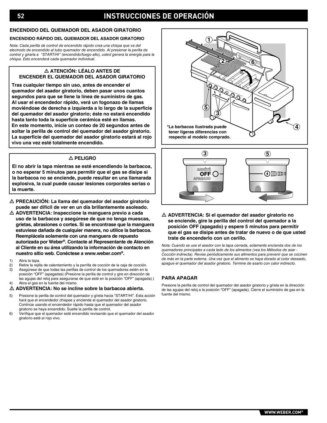 Weber E/S 470 manual Encendido DEL Quemador DEL Asador Giratorio, Encendido Rápido DEL Quemador DEL Asador Giratorio 