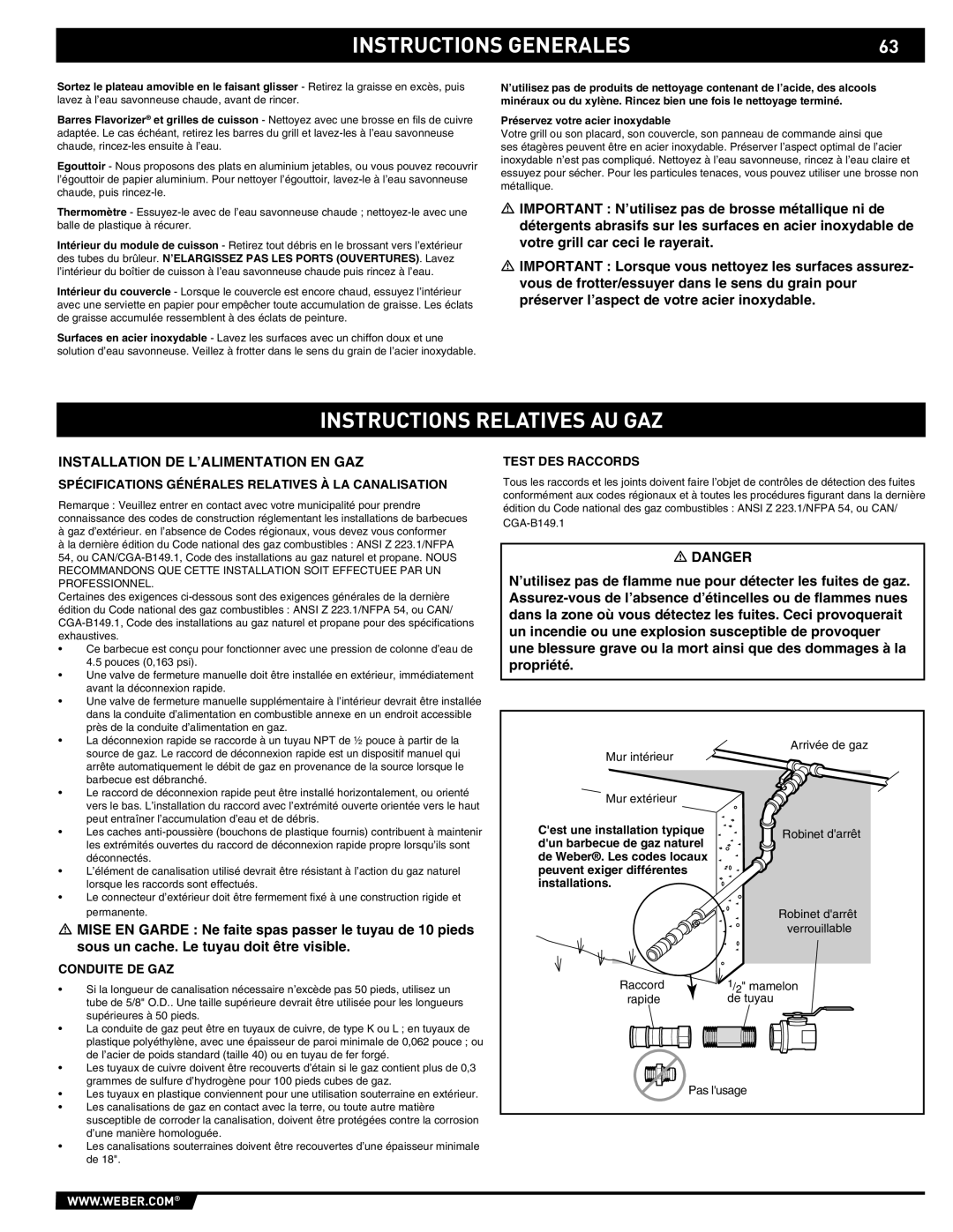 Weber E/S 470 Instructions Relatives AU GAZ, Installation DE L’ALIMENTATION EN GAZ, Test DES Raccords, Conduite DE GAZ 