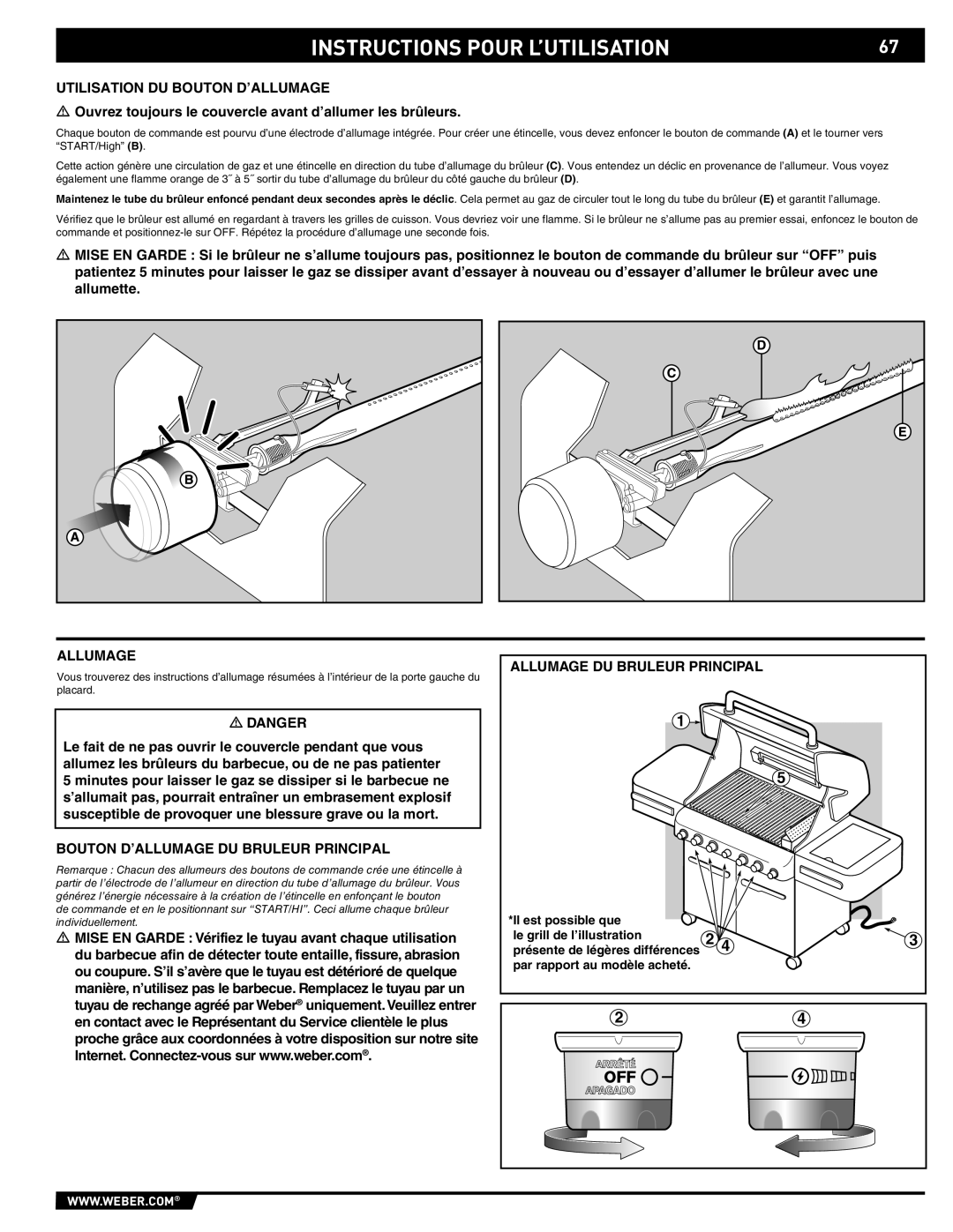 Weber E/S 470 manual Instructions Pour L’UTILISATION, Utilisation DU Bouton D’ALLUMAGE, Allumage DU Bruleur Principal 