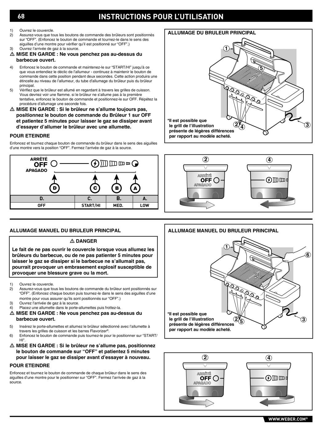 Weber E/S 470 manual Pour Eteindre, Allumage Manuel DU Bruleur Principal 