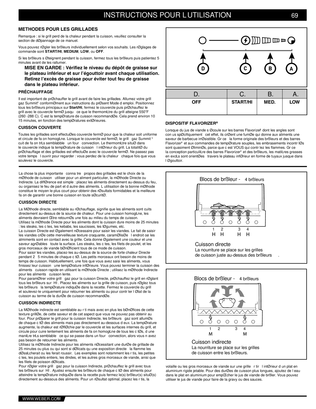 Weber E/S 470 manual Préchauffage, Cuisson Couverte, Dispositif Flavorizer, Cuisson Directe, Cuisson Indirecte 