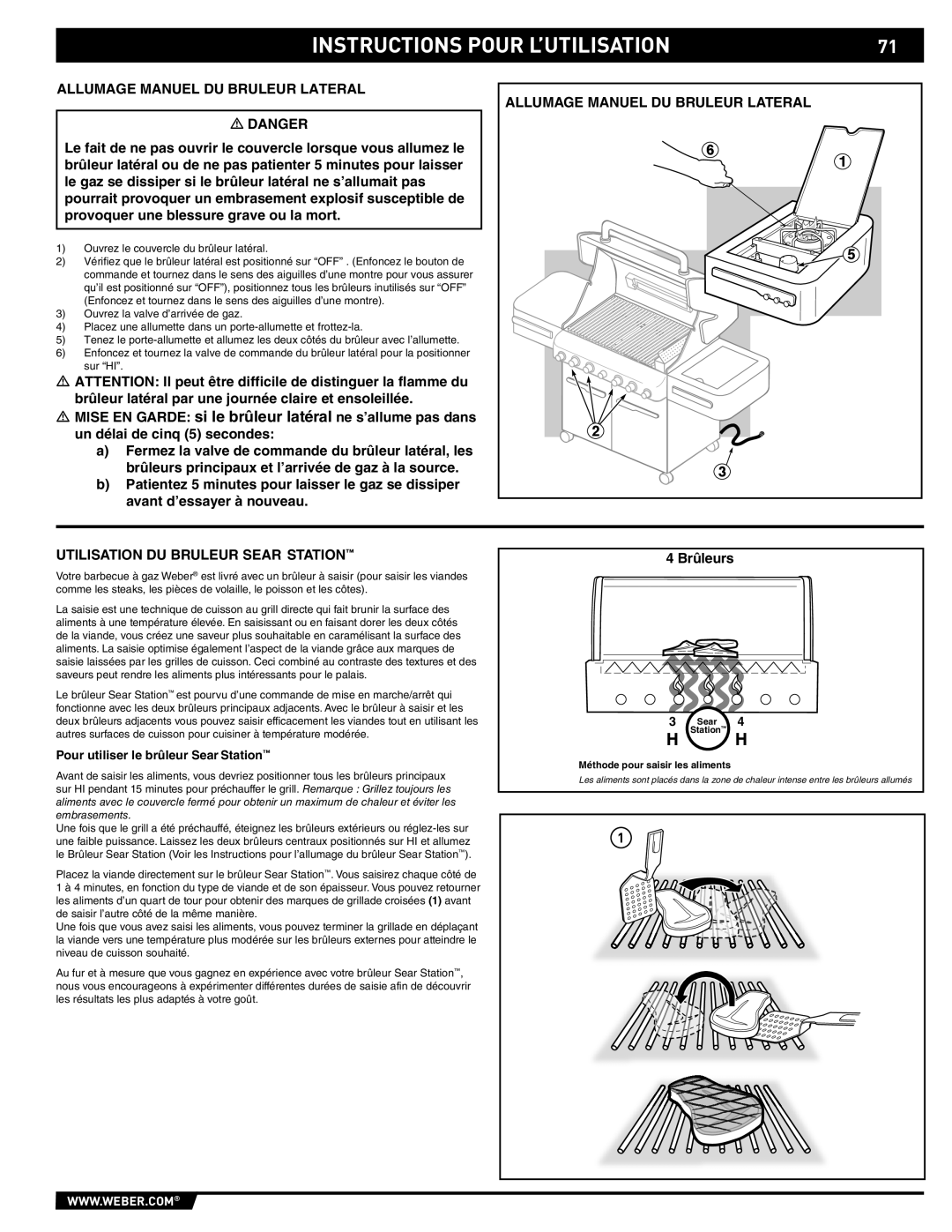 Weber E/S 470 manual Allumage Manuel DU Bruleur Lateral, Utilisation DU Bruleur Sear Station 