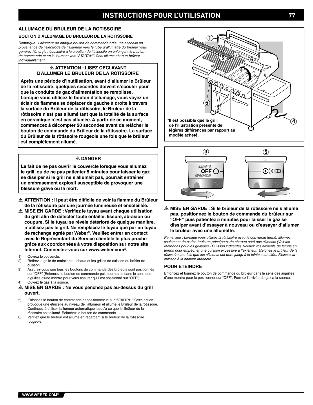 Weber E/S 470 manual Allumage DU Bruleur DE LA Rotissoire, Bouton D’ALLUMAGE DU Bruleur DE LA Rotissoire 