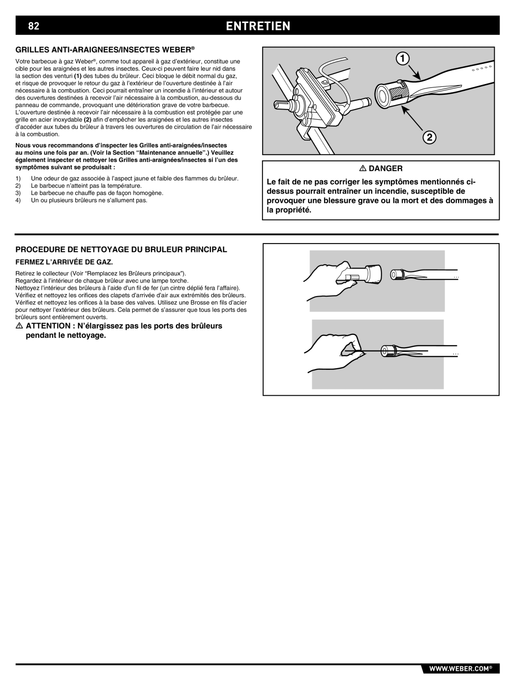 Weber E/S 470 manual 82ENTRETIEN, Grilles ANTI-ARAIGNEES/INSECTES Weber, Procedure DE Nettoyage DU Bruleur Principal 