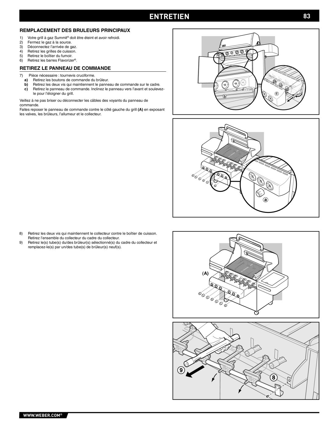 Weber E/S 470 manual ENTRETIEN83, Remplacement DES Bruleurs Principaux, Retirez LE Panneau DE Commande 