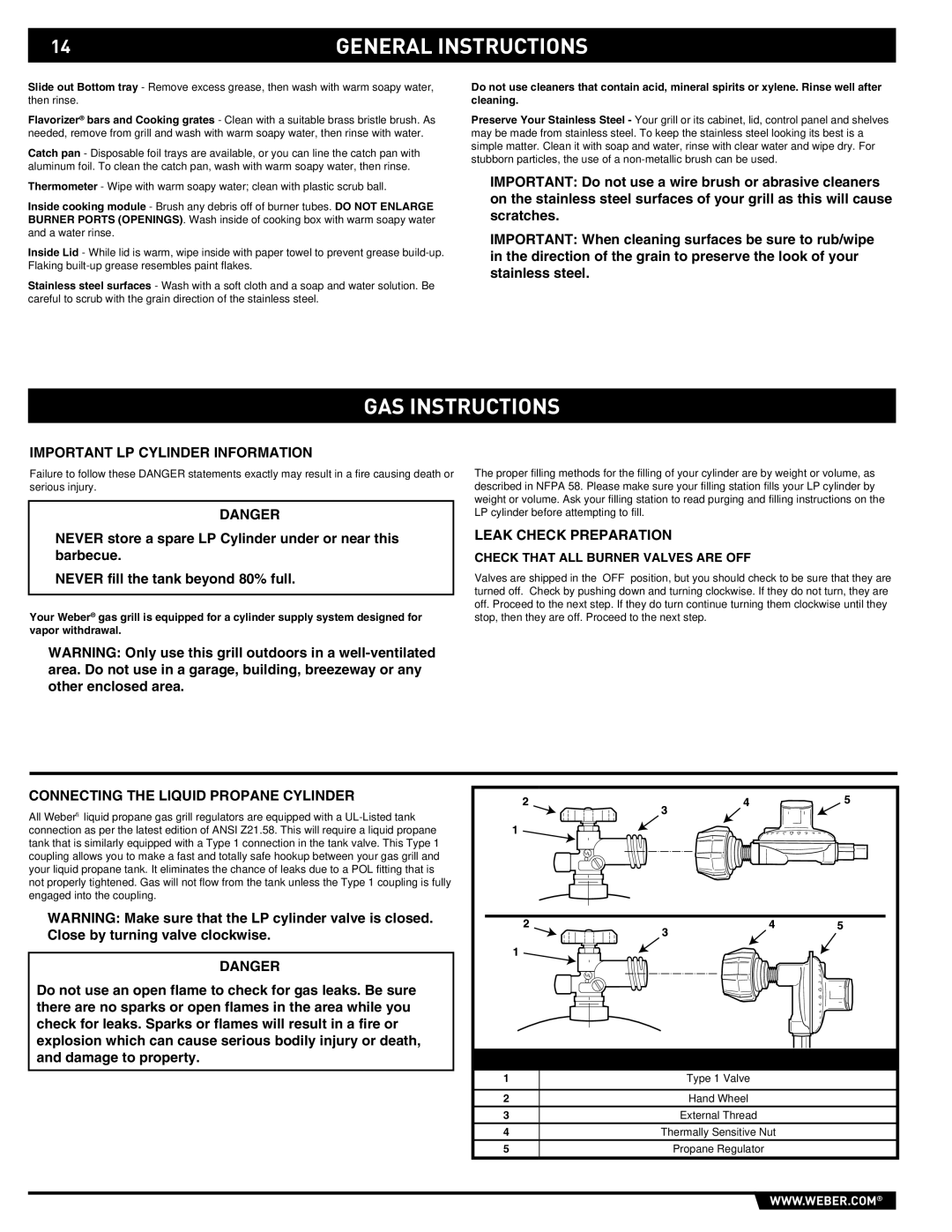 Weber E/S 650 manual GAS Instructions, Important LP Cylinder Information, Leak Check Preparation 