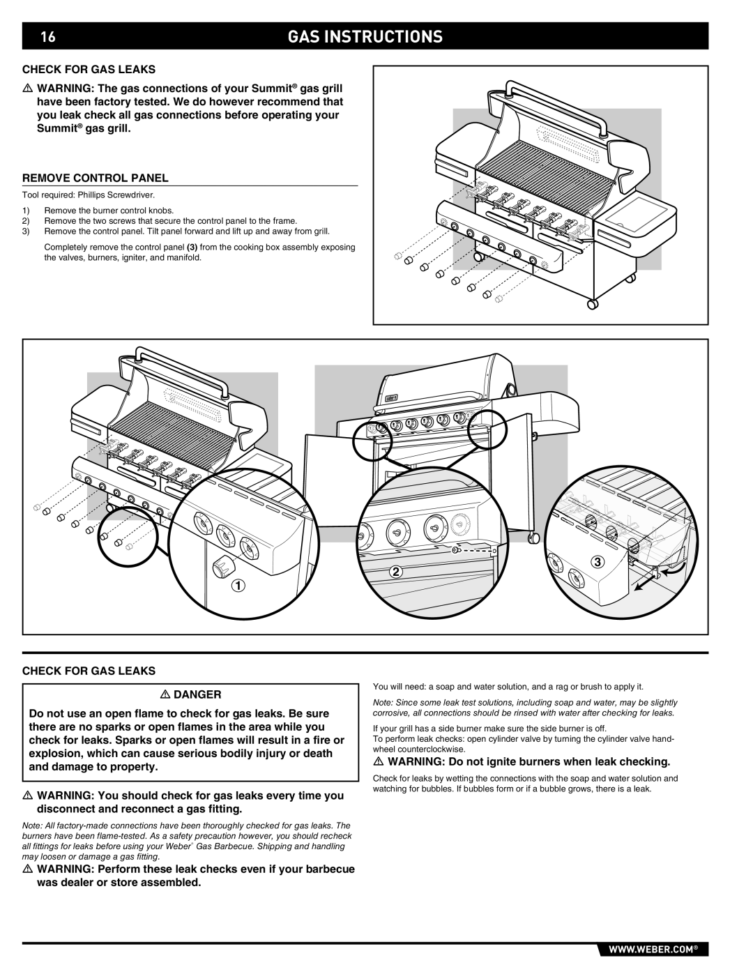 Weber E/S 650 manual Check for GAS Leaks Remove Control Panel 