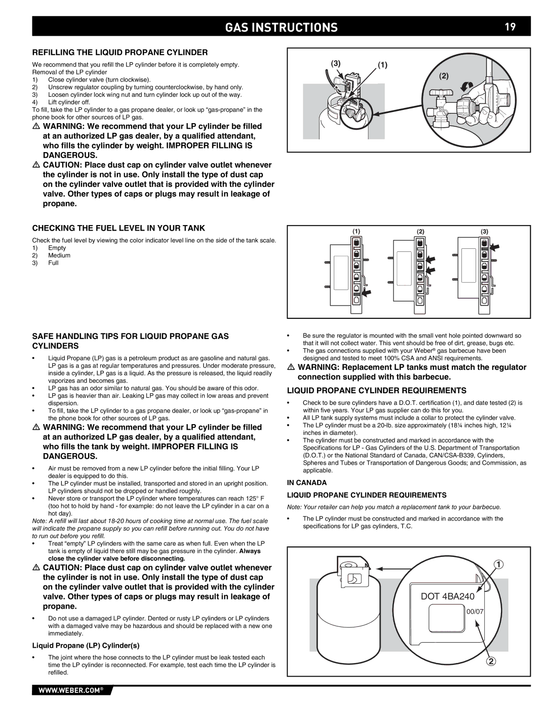 Weber E/S 650 manual Refilling the Liquid Propane Cylinder, Checking the Fuel Level in Your Tank 