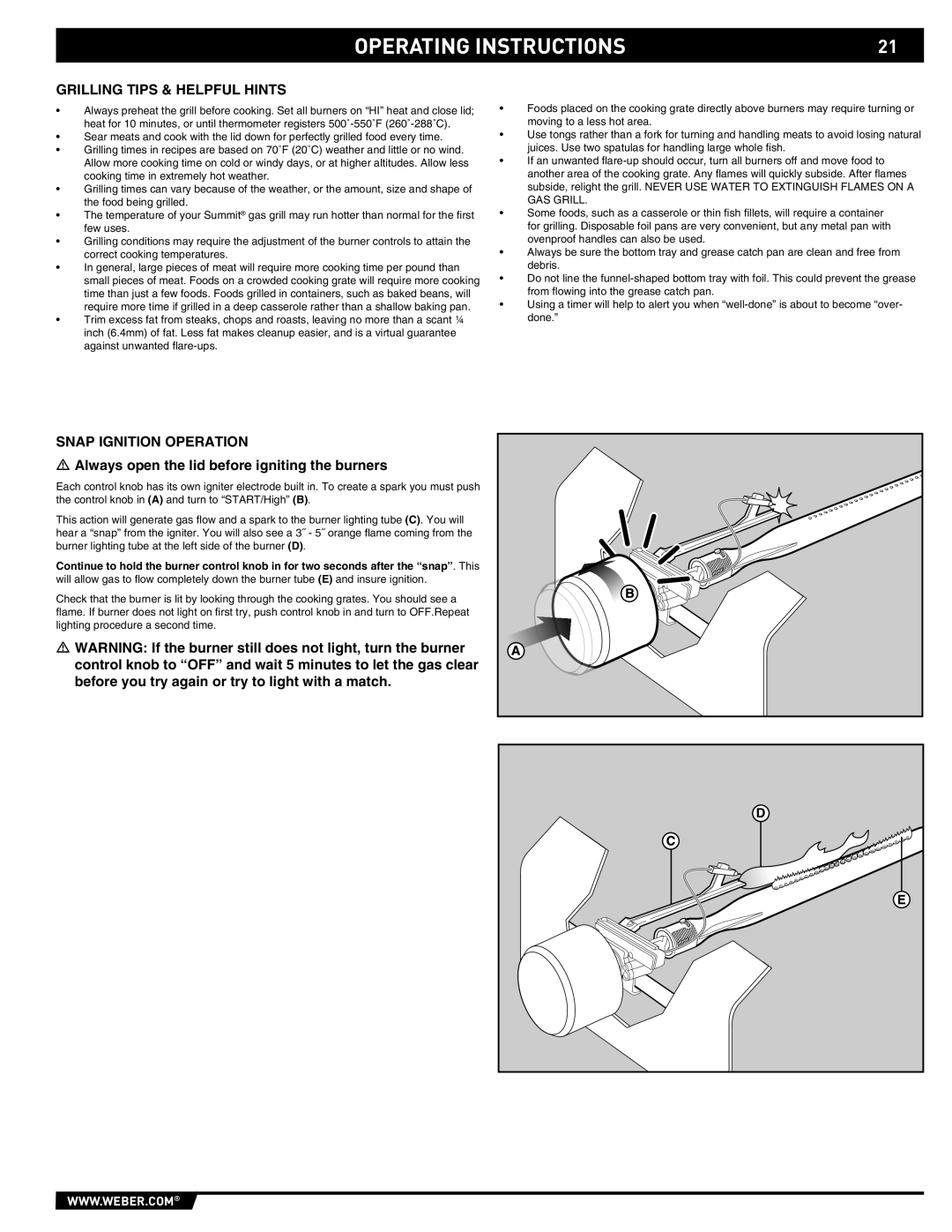 Weber E/S 650 manual Grilling Tips & Helpful Hints, Snap Ignition Operation 