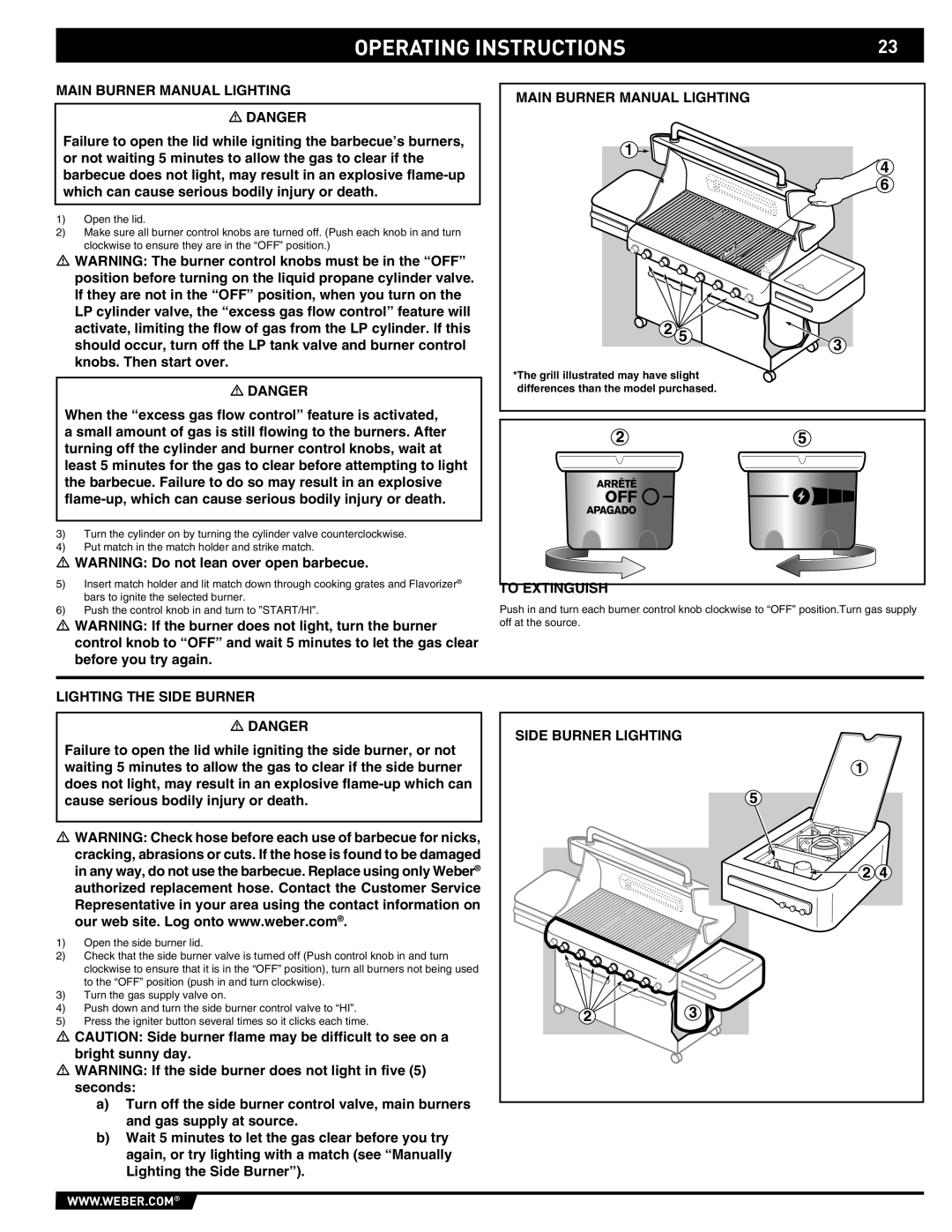 Weber E/S 650 manual Main Burner Manual Lighting, Lighting the Side Burner, Side Burner Lighting 