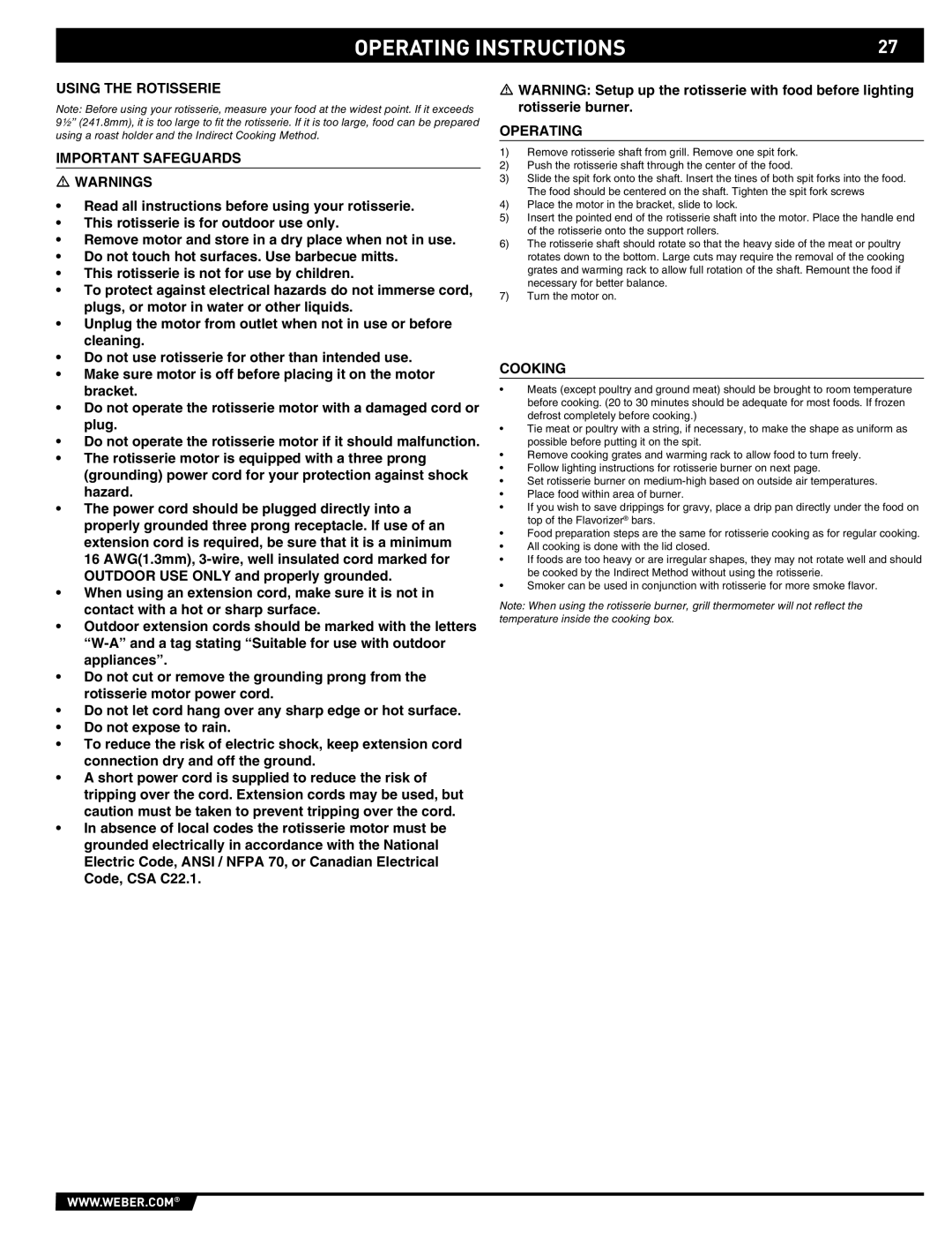 Weber E/S 650 manual Using the Rotisserie Important Safeguards, Operating, Cooking 