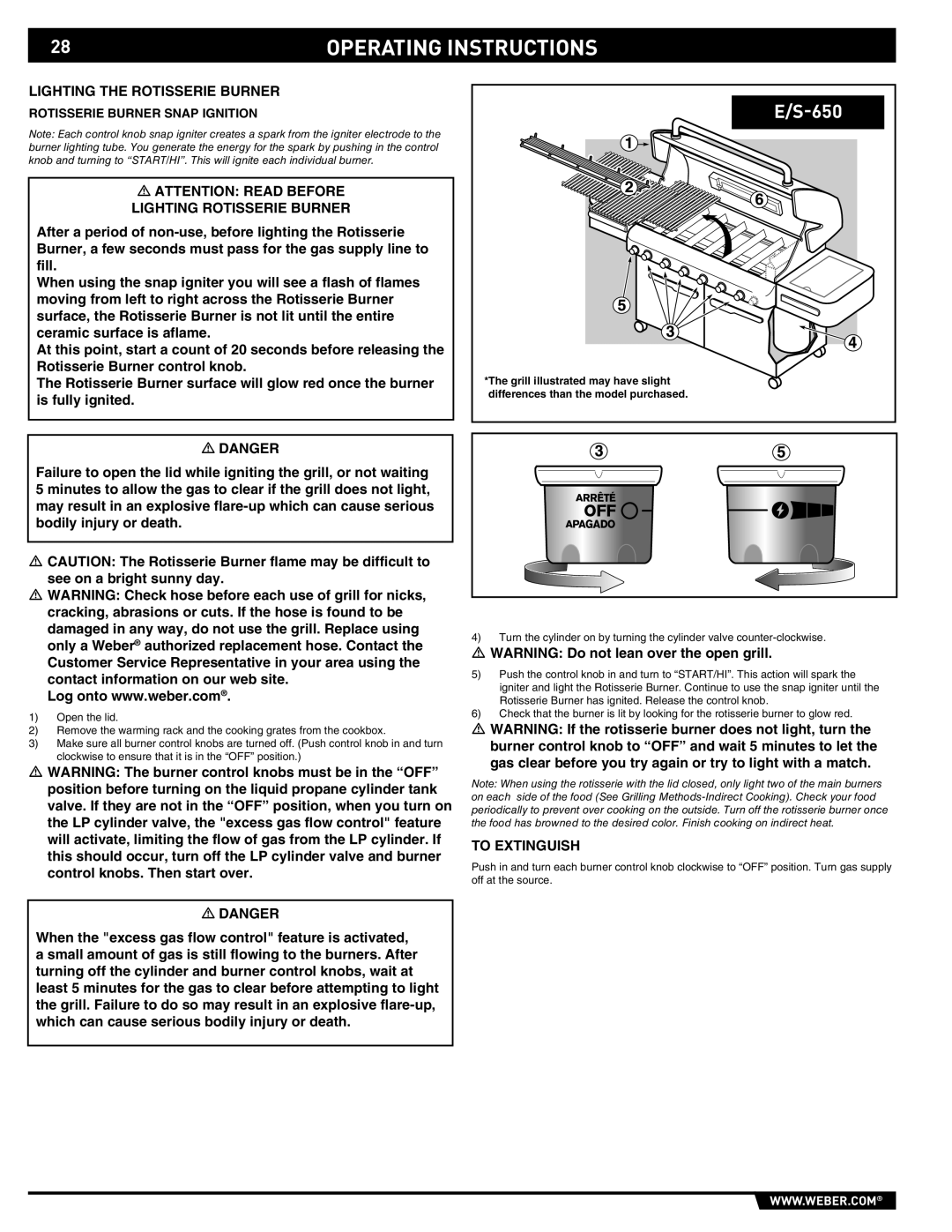 Weber E/S 650 manual Lighting the Rotisserie Burner, Lighting Rotisserie Burner, Rotisserie Burner Snap Ignition 