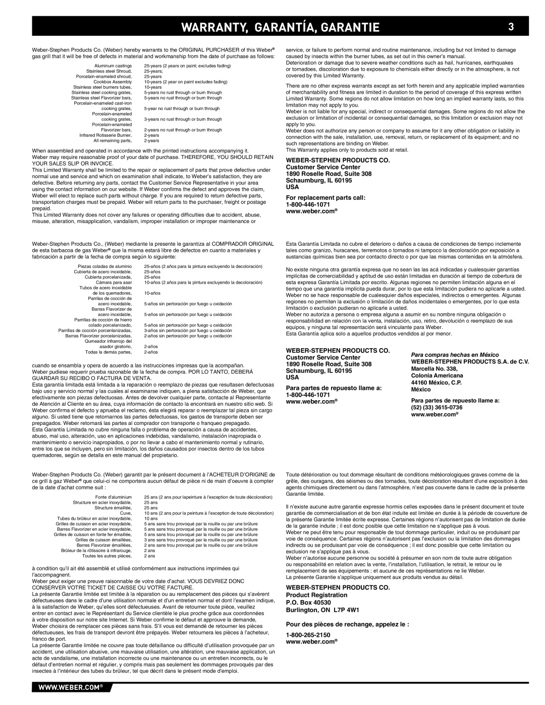Weber E/S 650 manual WARRANTY, GARANTÍA, Garantie, Usa 