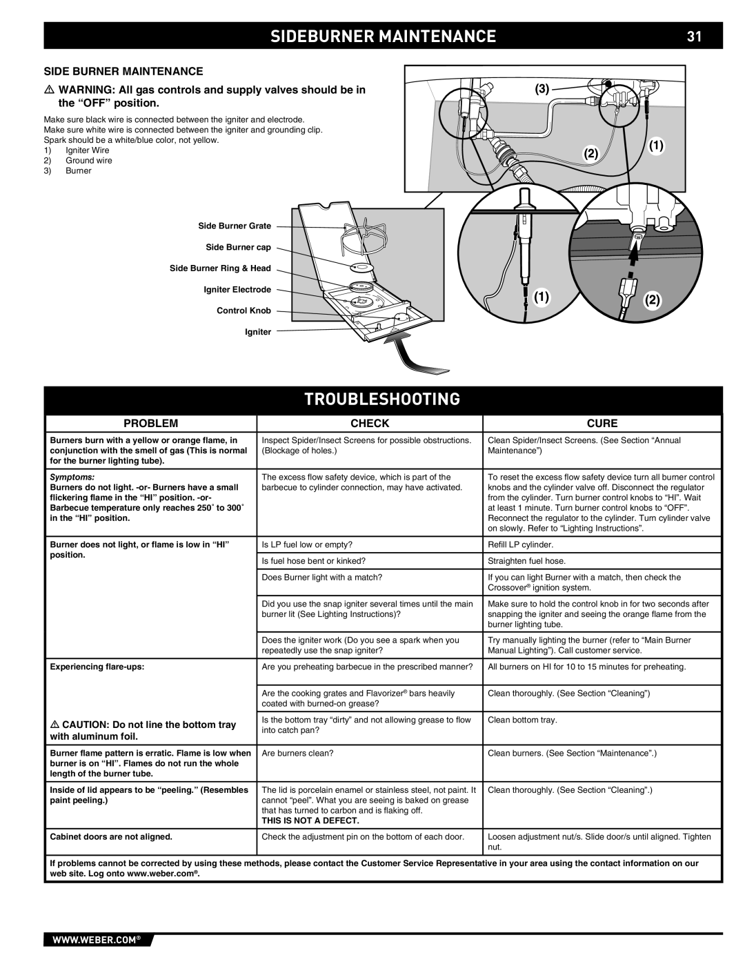 Weber E/S 650 manual Sideburner Maintenance, Troubleshooting, Side Burner Maintenance 