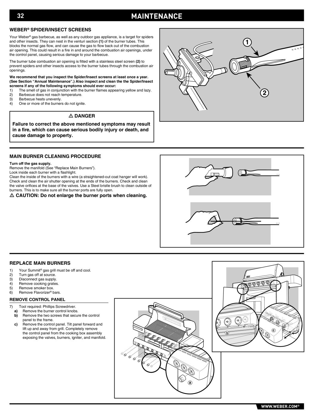 Weber E/S 650 manual 32MAINTENANCE, Weber SPIDER/INSECT Screens, Main Burner Cleaning Procedure, Replace Main Burners 