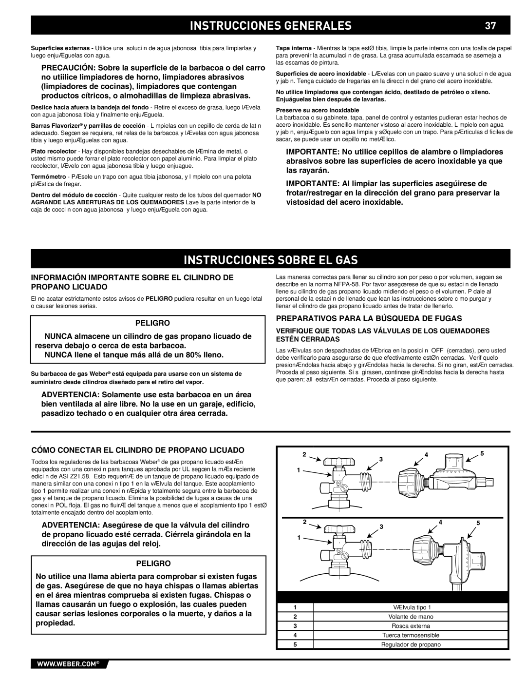 Weber E/S 650 manual Instrucciones Sobre EL GAS, Información Importante Sobre EL Cilindro DE Propano Licuado 