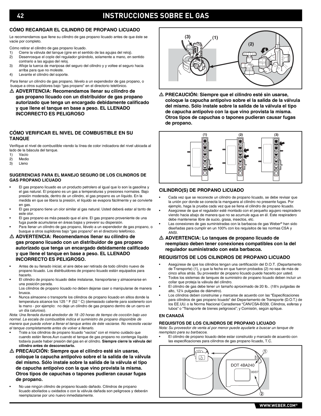 Weber E/S 650 manual Cómo Recargar EL Cilindro DE Propano Licuado, Cómo Verificar EL Nivel DE Combustible EN SU Tanque 