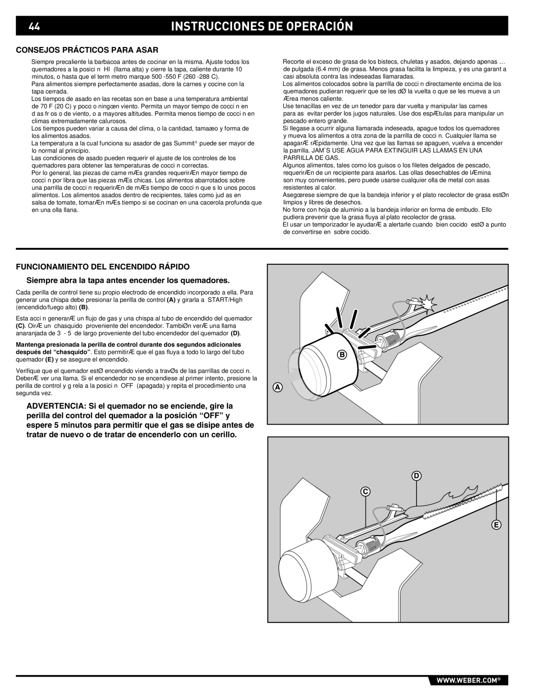 Weber E/S 650 manual Consejos Prácticos Para Asar, Funcionamiento DEL Encendido Rápido 