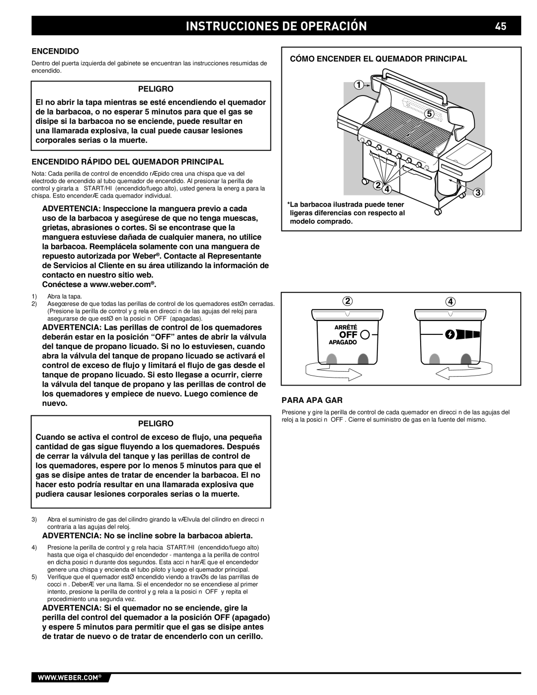 Weber E/S 650 manual Encendido Rápido DEL Quemador Principal, Cómo Encender EL Quemador Principal, Para APA GAR 