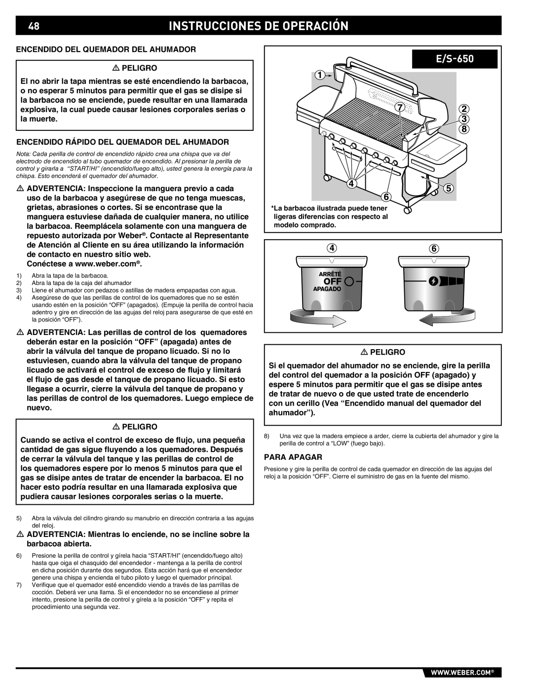 Weber E/S 650 manual Encendido DEL Quemador DEL Ahumador Peligro, Encendido Rápido DEL Quemador DEL Ahumador 