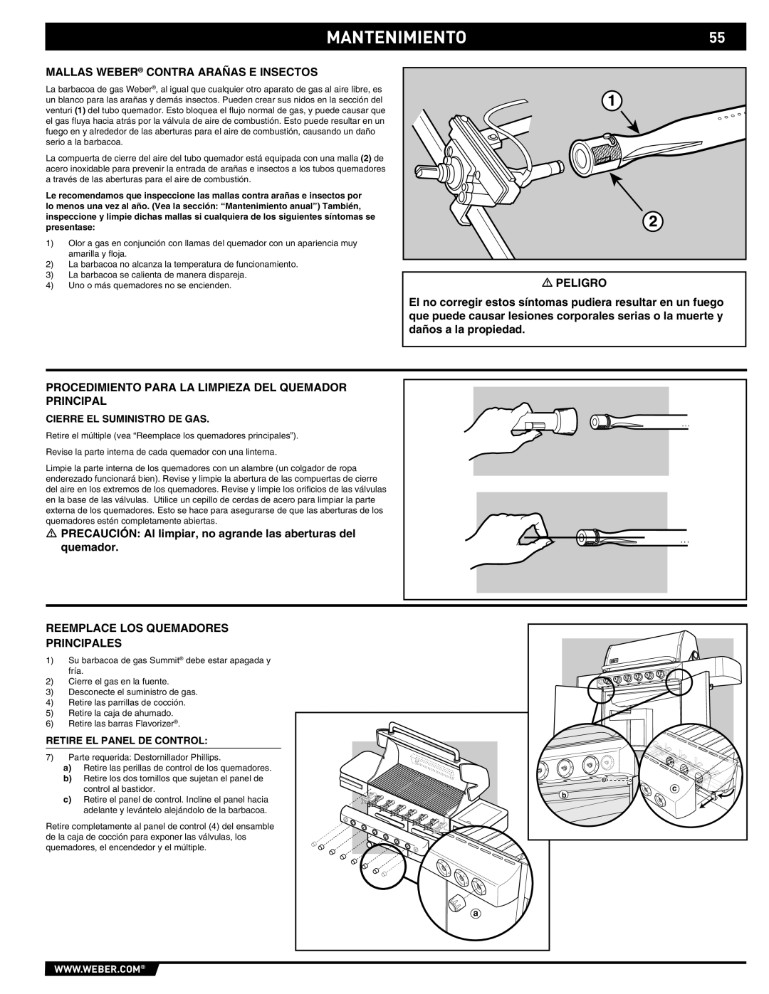 Weber E/S 650 manual MANTENIMIENTO55, Mallas Weber Contra Arañas E Insectos, Reemplace LOS Quemadores Principales 