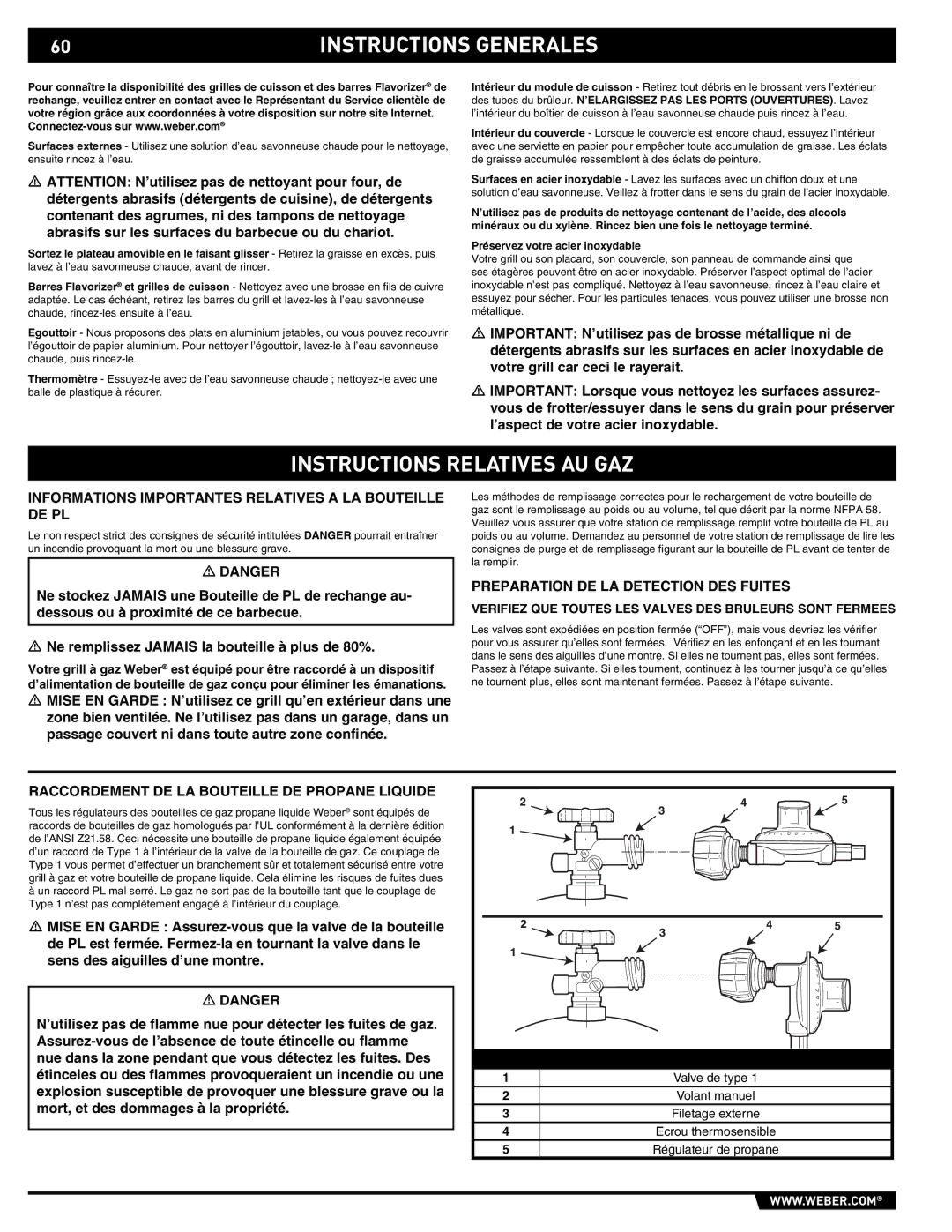 Weber E/S 650 manual Instructions Relatives AU GAZ, Informations Importantes Relatives a LA Bouteille DE PL 